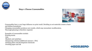 Consumables have a very large influence on print result. Deciding on set materials creates a basis
and defines boundaries.
Changing consumables produces new results, which may necessitate recaliberation.
Thorough planning is therefore required.
Examples of consumables include:
Printing stocks
Inks
Blankets and underlays
Dampening solution (additional amount + IPA)
Printing plates and development chemicals
Proofing paper and ink
Step 1: Choose Consumables
 