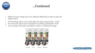 …Continued
• Different screen rulings have to be calibrated differently in order to make the
• images match.
• CtP technology allows you to easily adjust the plate characteristics so that
• the same tonal values can be reproduced in printing, independent of the
•
• screen rulings. This makes it possible to achieve a unified print image.
8
IS Classic IS 7.5 Hybrid Stochastic
 