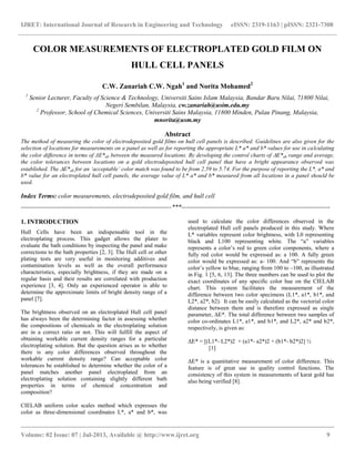 IJRET: International Journal of Research in Engineering and Technology eISSN: 2319-1163 | pISSN: 2321-7308
__________________________________________________________________________________________
Volume: 02 Issue: 07 | Jul-2013, Available @ http://www.ijret.org 9
COLOR MEASUREMENTS OF ELECTROPLATED GOLD FILM ON
HULL CELL PANELS
C.W. Zanariah C.W. Ngah1
and Norita Mohamed2
1
Senior Lecturer, Faculty of Science & Technology, Universiti Sains Islam Malaysia, Bandar Baru Nilai, 71800 Nilai,
Negeri Sembilan, Malaysia, cw.zanariah@usim.edu.my
2
Professor, School of Chemical Sciences, Universiti Sains Malaysia, 11800 Minden, Pulau Pinang, Malaysia,
mnorita@usm.my
Abstract
The method of measuring the color of electrodeposited gold films on hull cell panels is described. Guidelines are also given for the
selection of locations for measurements on a panel as well as for reporting the appropriate L* a* and b* values for use in calculating
the color difference in terms of ΔE*ab between the measured locations. By developing the control charts of E*ab range and average,
the color tolerances between locations on a gold electrodeposited hull cell panel that have a bright appearance observed was
established. The E*ab for an ‘acceptable’ color match was found to be from 2.59 to 5.74. For the purpose of reporting the L*, a* and
b* value for an electroplated hull cell panels, the average value of L* a* and b* measured from all locations in a panel should be
used.
Index Terms: color measurements, electrodeposited gold film, and hull cell
-----------------------------------------------------------------------***----------------------------------------------------------------------
1. INTRODUCTION
Hull Cells have been an indispensable tool in the
electroplating process. This gadget allows the plater to
evaluate the bath conditions by inspecting the panel and make
corrections to the bath properties [2, 3]. The Hull cell or other
plating tests are very useful in monitoring additives and
contamination levels as well as the overall performance
characteristics, especially brightness, if they are made on a
regular basis and their results are correlated with production
experience [3, 4]. Only an experienced operator is able to
determine the approximate limits of bright density range of a
panel [7].
The brightness observed on an electroplated Hull cell panel
has always been the determining factor in assessing whether
the compositions of chemicals in the electroplating solution
are in a correct ratio or not. This will fulfill the aspect of
obtaining workable current density ranges for a particular
electroplating solution. But the question arises as to whether
there is any color differences observed throughout the
workable current density range? Can acceptable color
tolerances be established to determine whether the color of a
panel matches another panel electroplated from an
electroplating solution containing slightly different bath
properties in terms of chemical concentration and
composition?
CIELAB uniform color scales method which expresses the
color as three-dimensional coordinates L*, a* and b*, was
used to calculate the color differences observed in the
electroplated Hull cell panels produced in this study. Where
L* variables represent color brightness, with L0 representing
black and L100 representing white. The “a” variables
represents a color‟s red to green color components, where a
fully red color would be expressed as: a 100. A fully green
color would be expressed as: a- 100. And “b” represents the
color‟s yellow to blue, ranging from 100 to –100, as illustrated
in Fig. 1 [5, 6, 13]. The three numbers can be used to plot the
exact coordinates of any specific color hue on the CIELAB
chart. This system facilitates the measurement of the
difference between two color specimens (L1*, a1*, b1*, and
L2*, a2*, b2). It can be easily calculated as the vectorial color
distance between them and is therefore expressed as single
parameter, ΔE*. The total difference between two samples of
color co-ordinates L1*, a1*, and b1*, and L2*, a2* and b2*,
respectively, is given as:
ΔE* = [(L1*- L2*)2 + (a1*- a2*)2 + (b1*- b2*)2] ½
[1]
ΔE* is a quantitative measurement of color difference. This
feature is of great use in quality control functions. The
consistency of this system in measurements of karat gold has
also being verified [8].
 