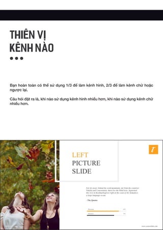 Bạn hoàn toàn có thể sử dụng 1/3 để làm kênh hình, 2/3 để làm kênh chữ hoặc
ngược lại.
Câu hỏi đặt ra là, khi nào sử dụng kênh hình nhiều hơn, khi nào sử dụng kênh chữ
nhiều hơn.
THIÊN VỊ
KÊNH NÀO
 