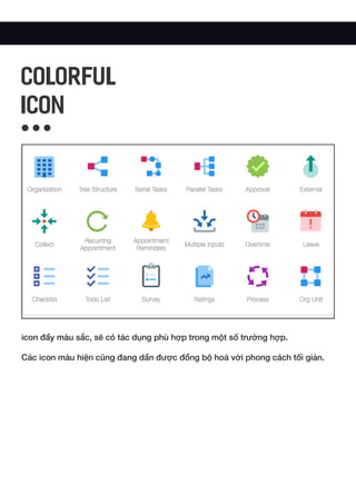 icon đầy màu sắc, sẽ có tác dụng phù hợp trong một số trường hợp.
Các icon màu hiện cũng đang dần được đồng bộ hoá với phong cách tối giản.
COLORFUL
ICON
 