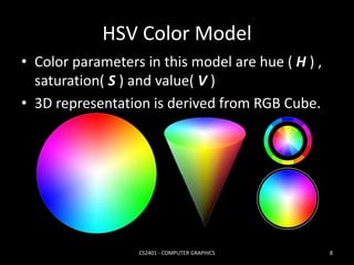 HSV Color Model 
• Color parameters in this model are hue ( H ) , 
saturation( S ) and value( V ) 
• 3D representation is derived from RGB Cube. 
CS2401 - COMPUTER GRAPHICS 8 
 