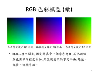 RGB 色彩模型 (續)
• RGB三度空間上, 固定將其中一個原色為 0 , 其他兩個
原色用不同程度相加, 所呈現出來的不同平面: 綠藍、
紅藍、紅綠平面。
6
R=0 所呈現之 GB 平面 G=0 所呈現之 RB 平面 B=0 所呈現之 RG 平面
 