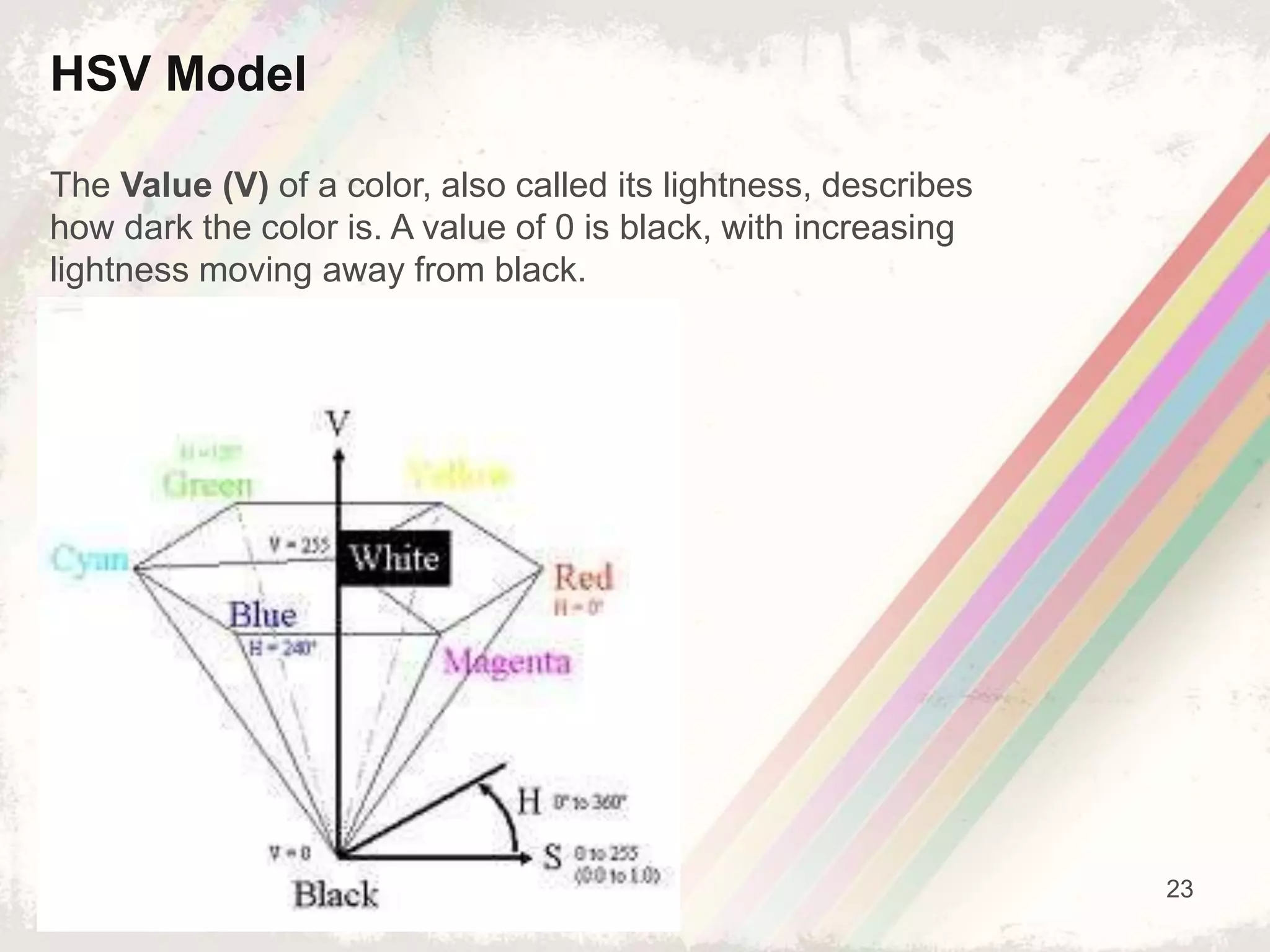 23
HSV Model
The Value (V) of a color, also called its lightness, describes
how dark the color is. A value of 0 is black, with increasing
lightness moving away from black.
 