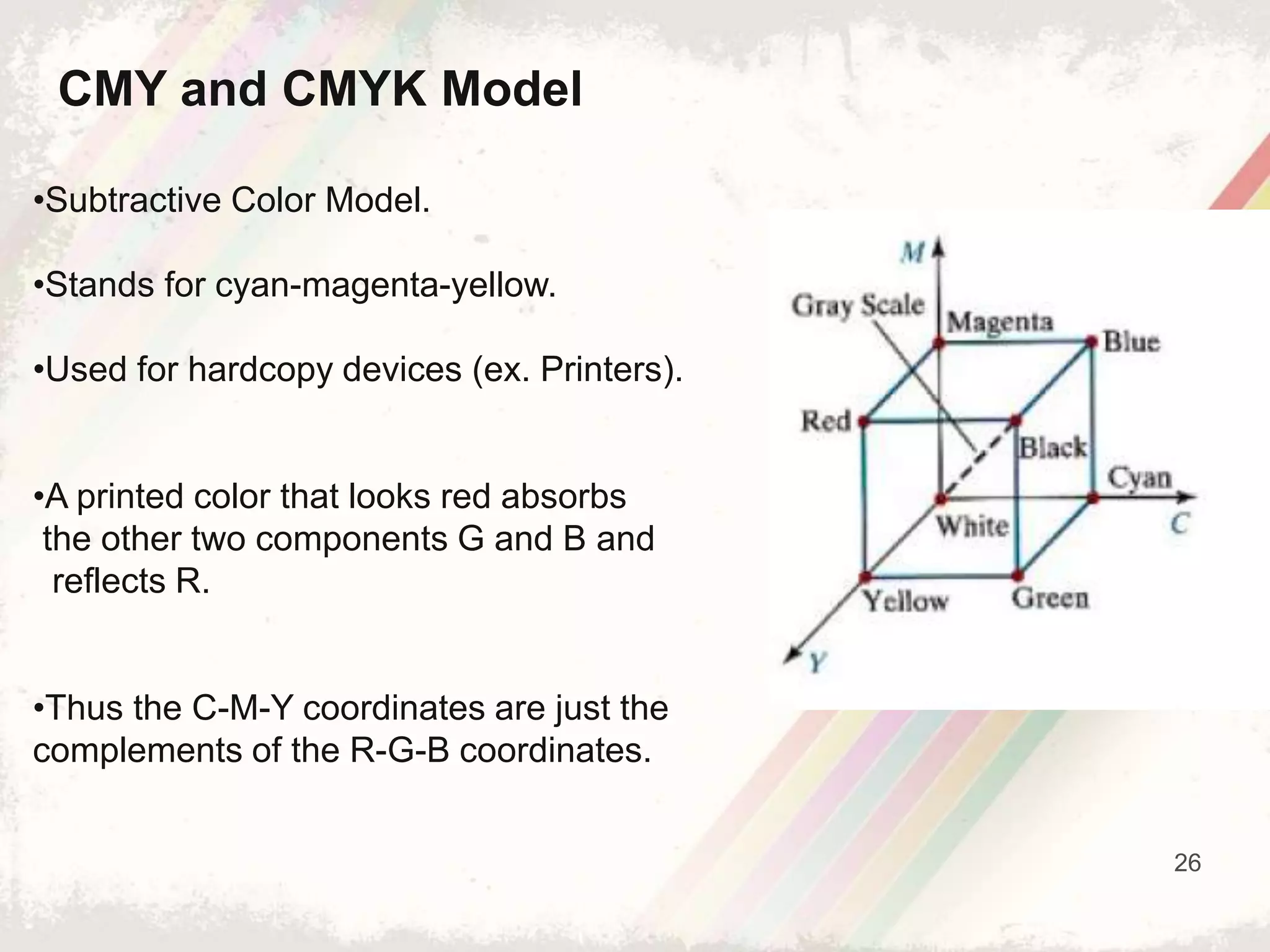 26
•Subtractive Color Model.
•Stands for cyan-magenta-yellow.
•Used for hardcopy devices (ex. Printers).
•A printed color that looks red absorbs
the other two components G and B and
reflects R.
•Thus the C-M-Y coordinates are just the
complements of the R-G-B coordinates.
CMY and CMYK Model
 