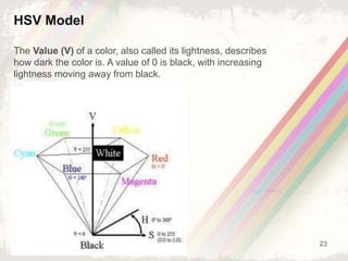 23
HSV Model
The Value (V) of a color, also called its lightness, describes
how dark the color is. A value of 0 is black, with increasing
lightness moving away from black.
 