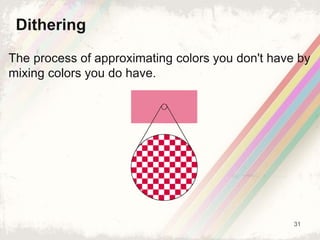 31
Dithering
The process of approximating colors you don't have by
mixing colors you do have.
 