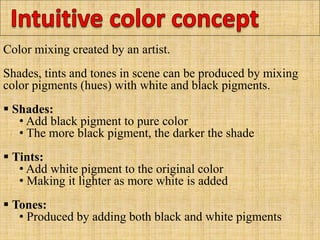 Color mixing created by an artist.
Shades, tints and tones in scene can be produced by mixing
color pigments (hues) with white and black pigments.
 Shades:
• Add black pigment to pure color
• The more black pigment, the darker the shade
 Tints:
• Add white pigment to the original color
• Making it lighter as more white is added
 Tones:
• Produced by adding both black and white pigments
 