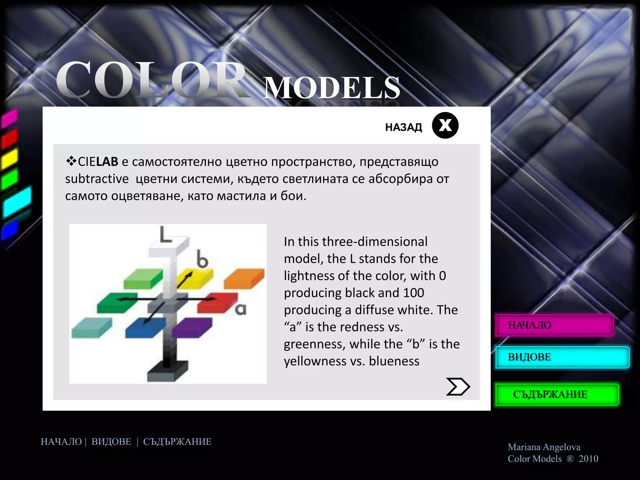MODELS
                                                      НАЗАД     Х

   CIELAB e самостоятелно цветно пространство, представящо
   subtractive цветни системи, където светлината се абсорбира от
   самото оцветяване, като мастила и бои.


                                     In this three-dimensional
                                     model, the L stands for the
                                     lightness of the color, with 0
                                     producing black and 100
                                     producing a diffuse white. The
                                     “a” is the redness vs.            НАЧАЛО
                                     greenness, while the “b” is the
                                     yellowness vs. blueness           ВИДОВЕ


                                                                        СЪДЪРЖАНИЕ



НАЧАЛО | ВИДОВЕ | СЪДЪРЖАНИЕ
                                                                       Mariana Angelova
                                                                       Color Models ® 2010
 