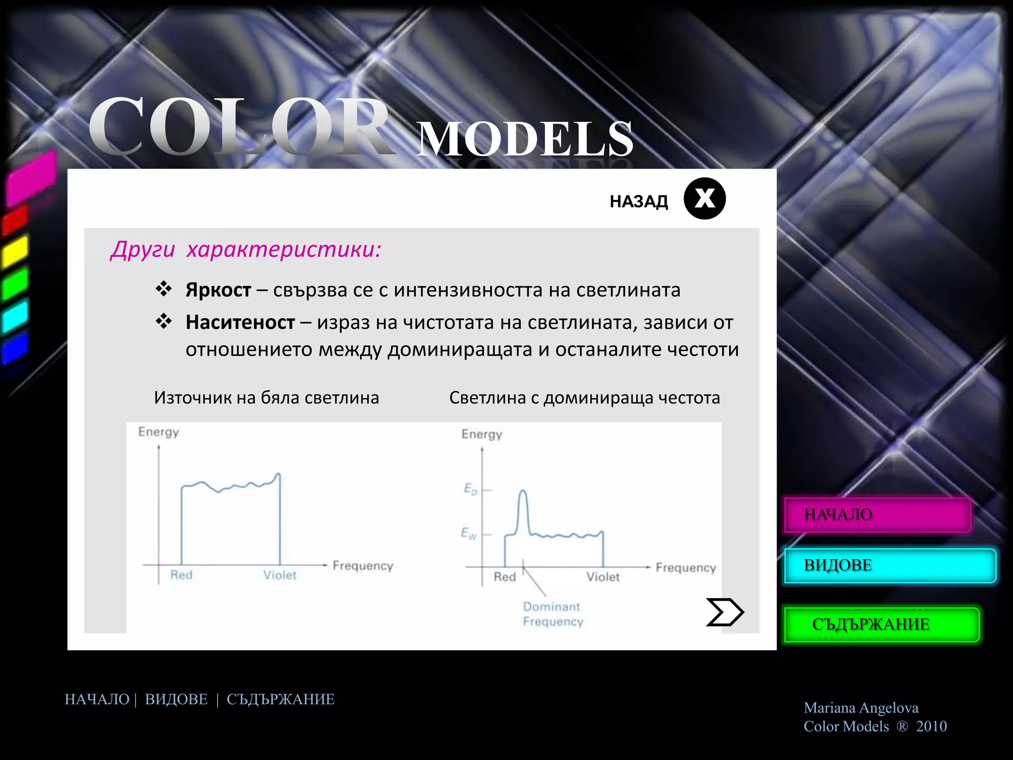 MODELS
                                                       НАЗАД    Х
    Други характеристики:
          Яркост – свързва се с интензивността на светлината
          Наситеност – израз на чистотата на светлината, зависи от
           отношението между доминиращата и останалите честоти

         Източник на бяла светлина    Светлина с доминираща честота




                                                                      НАЧАЛО


                                                                      ВИДОВЕ


                                                                       СЪДЪРЖАНИЕ



НАЧАЛО | ВИДОВЕ | СЪДЪРЖАНИЕ
                                                                      Mariana Angelova
                                                                      Color Models ® 2010
 