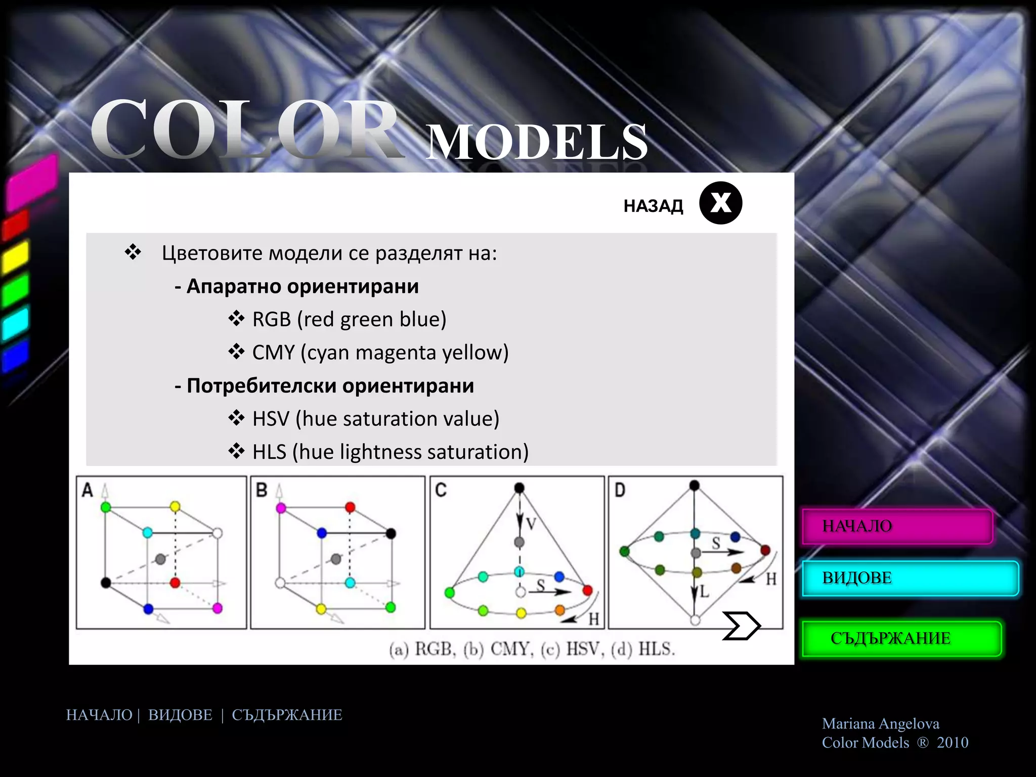 MODELS
                                                НАЗАД   Х
      Цветовите модели се разделят на:
        - Aпаратно ориентирани
              RGB (red green blue)
              CMY (cyan magenta yellow)
        - Потребителски ориентирани
              HSV (hue saturation value)
              HLS (hue lightness saturation)


                                                            НАЧАЛО


                                                            ВИДОВЕ


                                                             СЪДЪРЖАНИЕ



НАЧАЛО | ВИДОВЕ | СЪДЪРЖАНИЕ
                                                            Mariana Angelova
                                                            Color Models ® 2010
 