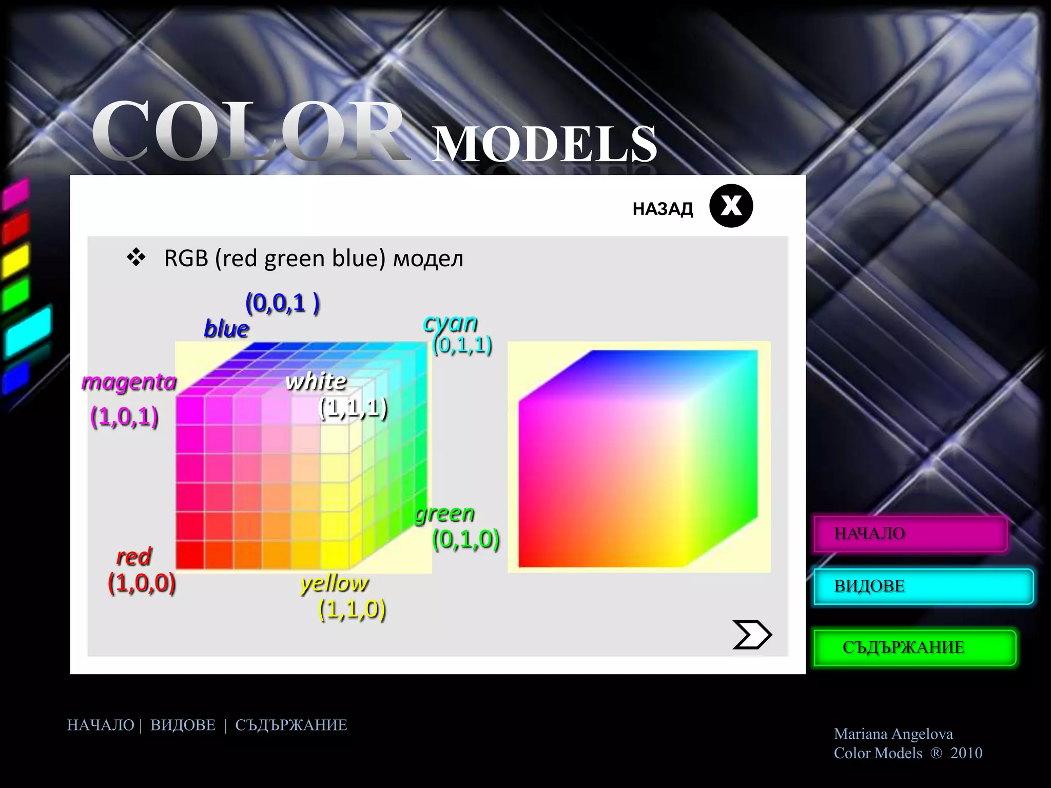 MODELS
                                             НАЗАД   Х
      RGB (red green blue) модел
                 (0,0,1 )
             blue                 cyan
                                   (0,1,1)
 magenta             white
 (1,0,1)               (1,1,1)



                                  green
                                   (0,1,0)               НАЧАЛО
    red
   (1,0,0)             yellow                            ВИДОВЕ
                        (1,1,0)
                                                          СЪДЪРЖАНИЕ



НАЧАЛО | ВИДОВЕ | СЪДЪРЖАНИЕ
                                                         Mariana Angelova
                                                         Color Models ® 2010
 