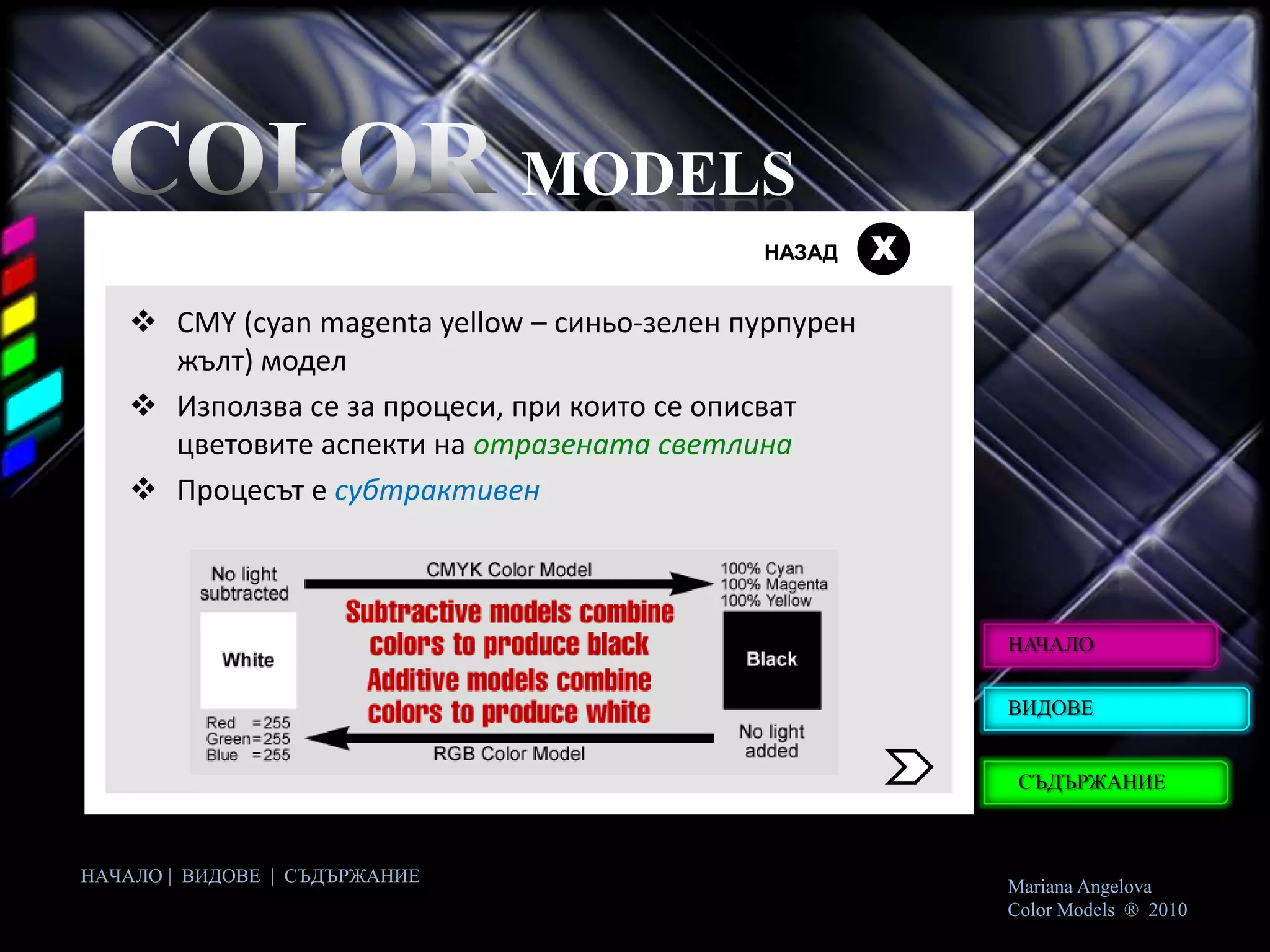 MODELS
                                             НАЗАД     Х

    CMY (cyan magenta yellow – синьо-зелен пурпурен
     жълт) модел
    Използва се за процеси, при които се описват
     цветовите аспекти на отразената светлина
    Процесът е субтрактивен



                                                           НАЧАЛО


                                                           ВИДОВЕ


                                                            СЪДЪРЖАНИЕ



НАЧАЛО | ВИДОВЕ | СЪДЪРЖАНИЕ
                                                           Mariana Angelova
                                                           Color Models ® 2010
 