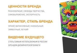 ЦЕННОСТИ БРЕНДА
ХАРАКТЕР, СТИЛЬ БРЕНДА
РАЗНООБРАЗИЕ, СВОБОДА ТВОРЧЕСТВА,
САМОВЫРАЖЕНИЕ, ЭКСПЕРТНОСТЬ
ЯРКИЙ, ВАРИАТИВНЫЙ, УНИКАЛЬНЫЙ,
ЭФФЕКТНЫЙ, ЛЕГКИЙ
ВИДЕНИЕ БУДУЩЕГО
СТАТЬ САМЫМ ИСПОЛЬЗУЕМЫМ В РОССИИ
БРЕНДОМ ДИЗАЙНЕРСКОЙ БУМАГИ
 