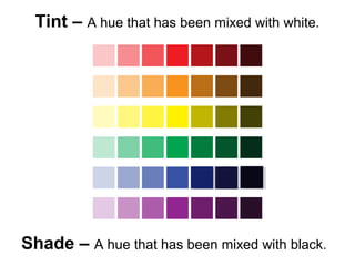 Tint – A hue that has been mixed with white. 
Shade – A hue that has been mixed with black. 
 