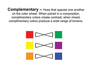 Complementary – Hues that oppose one another 
on the color wheel. When paired in a composition, 
complimentary colors create contrast; when mixed, 
complimentary colors produce a wide range of browns. 
 