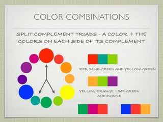 COLOR COMBINATIONS
SPLIT COMPLEMENT TRIADS - A COLOR + THE
COLORS ON EACH SIDE OF ITS COMPLEMENT



                  RED, BLUE-GREEN AND YELLOW-GREEN




                  YELLOW-ORANGE, LIME-GREEN
                         AND PURPLE
 