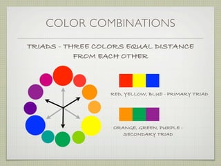 COLOR COMBINATIONS
TRIADS - THREE COLORS EQUAL DISTANCE
           FROM EACH OTHER



                  RED, YELLOW, BLUE - PRIMARY TRIAD




                  ORANGE, GREEN, PURPLE -
                     SECONDARY TRIAD
 