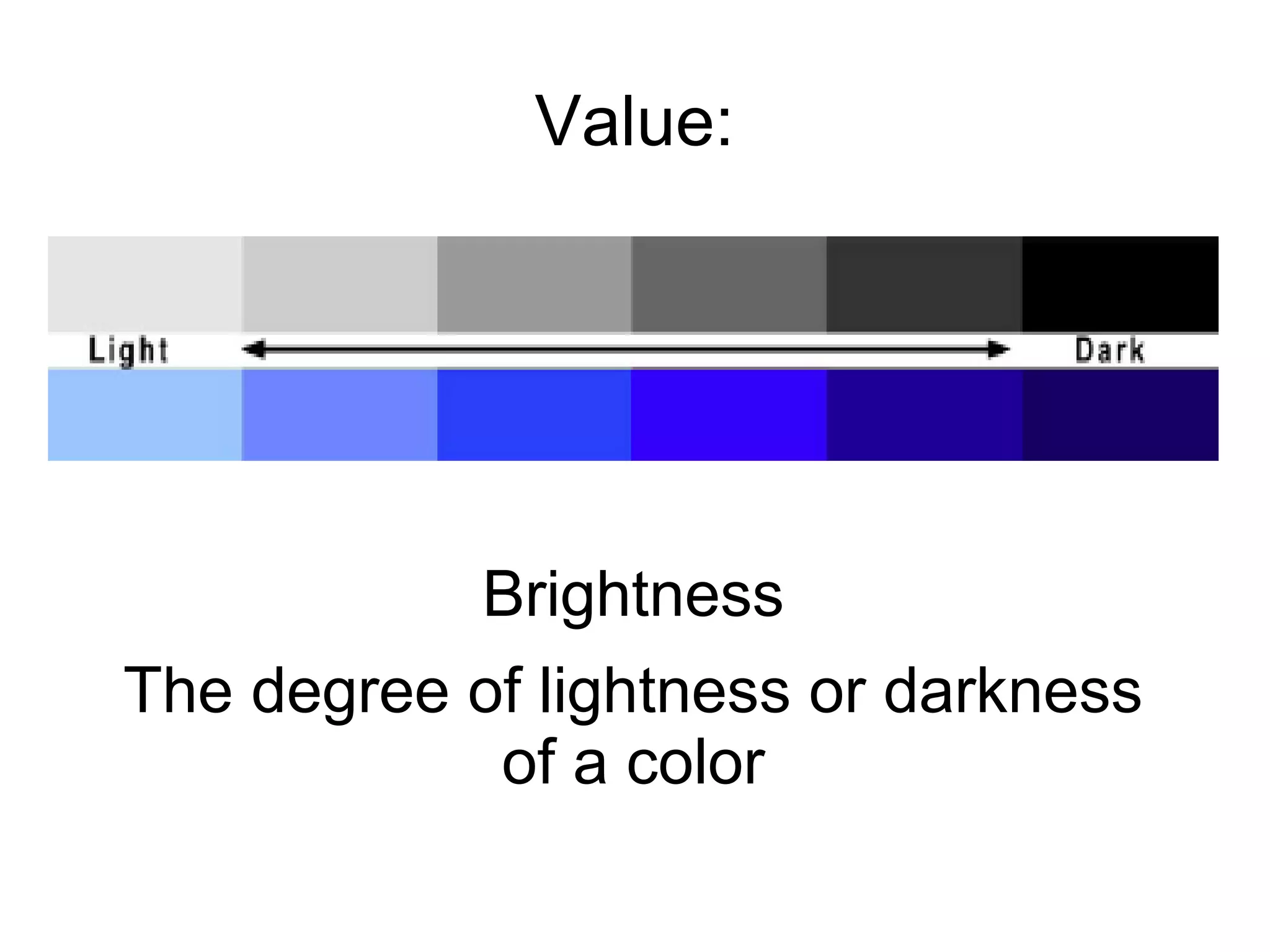 Value:
Brightness
The degree of lightness or darkness
of a color
 