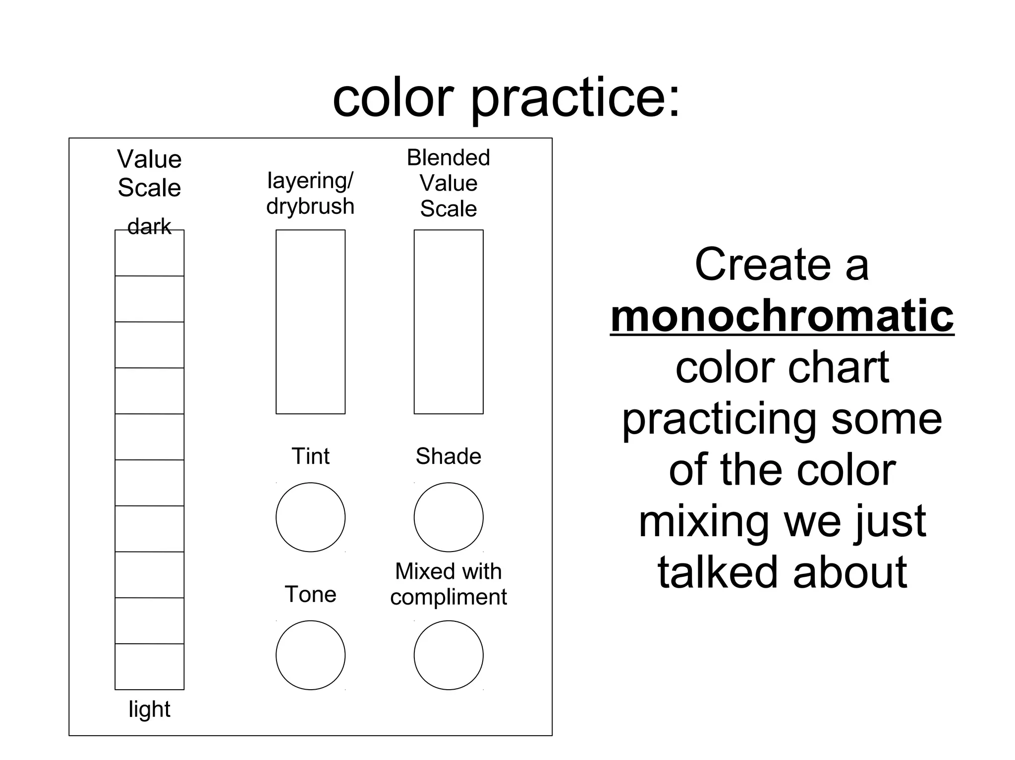 color practice:
Create a
monochromatic
color chart
practicing some
of the color
mixing we just
talked about
dark
light
layering/
drybrush
Value
Scale
Blended
Value
Scale
Tint Shade
Tone
Mixed with
compliment
 