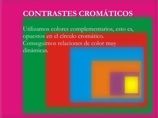 CONTRASTES CROMÁTICOS
Utilizamos colores complementarios, esto es,
opuestos en el círculo cromático.
Conseguimos relaciones de color muy
dinámicas.
 