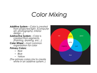 Color Mixing
Additive System – Color is created
   from projected light. (Computer
   art, photography, interior
   design…)
Subtractive System – Color is
   created from pigments,
   (Painting, drawing, etc…)
Color Wheel – most common
   organization for color
Primary Colors:
     – Red
     – Blue
     – Yellow
(The primary colors mix to create
   white in an additive system. )
 