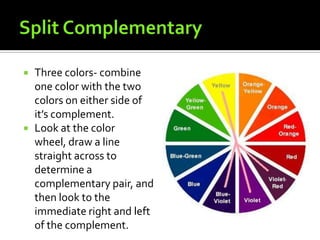    Three colors- combine
    one color with the two
    colors on either side of
    it’s complement.
   Look at the color
    wheel, draw a line
    straight across to
    determine a
    complementary pair, and
    then look to the
    immediate right and left
    of the complement.
 