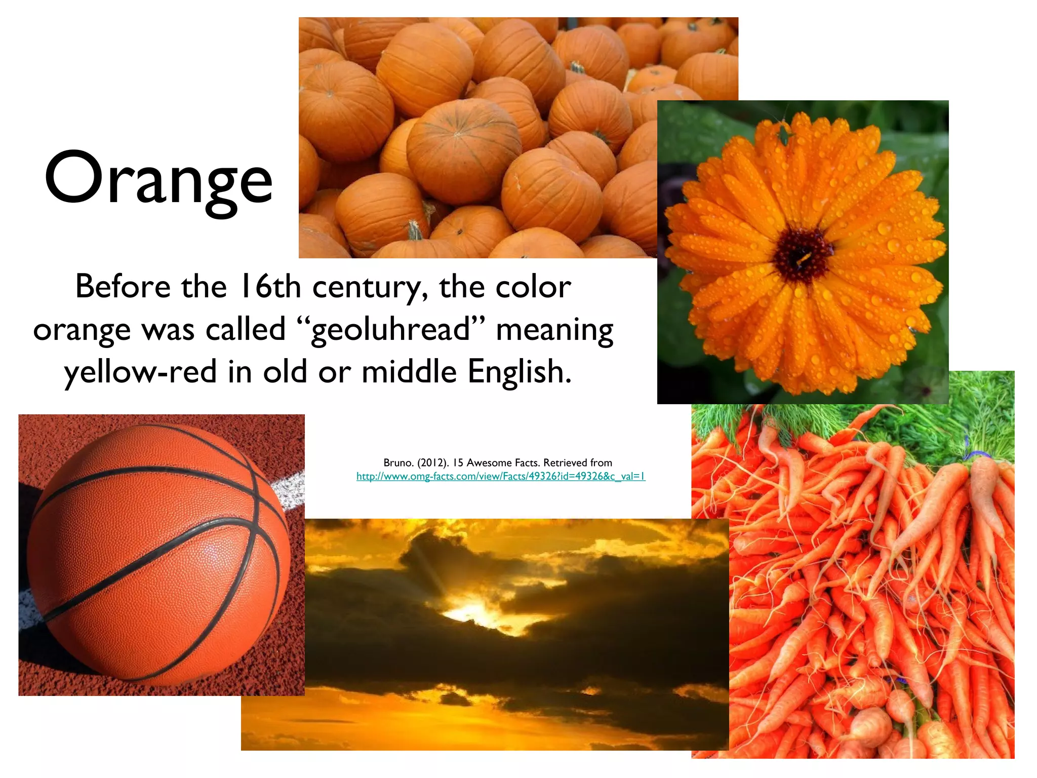 Orange
   Before the 16th century, the color
orange was called “geoluhread” meaning
  yellow-red in old or middle English.

                            Bruno. (2012). 15 Awesome Facts. Retrieved from
                     http://www.omg-facts.com/view/Facts/49326?id=49326&c_val=1
 