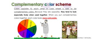 Colors opposite to each other in color wheel is said to be
complementary colors. Because they are opposites, they tend to look
especially lively when used together. When you put complementary
colors together, each color looks more noticeable.
Ar.A.Purushothaman Arumugam M.Arch., CA, AIIA, Principal Architect - D2 Studios.
 