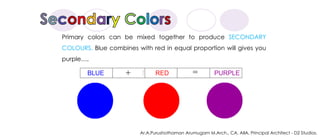 Primary colors can be mixed together to produce SECONDARY
COLOURS. Blue combines with red in equal proportion will gives you
purple…,
Ar.A.Purushothaman Arumugam M.Arch., CA, AIIA, Principal Architect - D2 Studios.
 