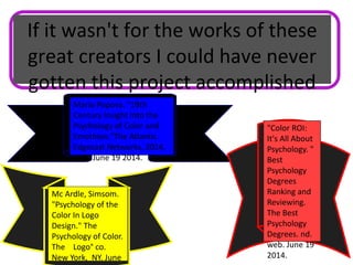 If it wasn't for the works of these
great creators I could have never
gotten this project accomplished
Mc Ardle, Simsom.
"Psychology of the
Color In Logo
Design." The
Psychology of Color.
The Logo° co.
New York, NY. June
"Color ROI:
It's All About
Psychology. "
Best
Psychology
Degrees
Ranking and
Reviewing.
The Best
Psychology
Degrees. nd.
web. June 19
2014.
Maria Popova. "19th
Century Insight Into the
Psychology of Color and
Emothion."The Atlantic.
Edgecast Networks. 2014.
web. June 19 2014.
 