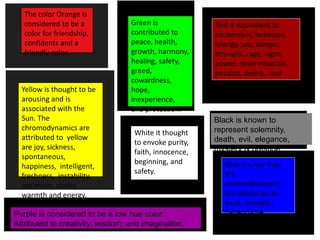 The color Orange is
considered to be a
color for friendship,
confidents and a
friendly color.
Red is equivalent to
excitement, boldness,
energy, war, danger,
strenght, rage, vigor,
power, determination,
passion, desire, and
love.
Blue is a low hue.
It's
chromodynamics
are attributed to
trust, strength,
dependable
Yellow is thought to be
arousing and is
associated with the
Sun. The
chromodynamics are
attributed to yellow
are joy, sickness,
spontaneous,
happiness, intelligent,
freshness, instability,
optimism, clarity,
warmth and energy.
Green is
contributed to
peace, health,
growth, harmony,
healing, safety,
greed,
cowardness,
hope,
inexperience,
and protection.
Purple is considered to be a low hue color.
Attributed to creativity, wisdom, and imagination.
White it thought
to envoke purity,
faith, innocence,
beginning, and
safety.
Black is known to
represent solemnity,
death, evil, elegance,
mystery & prestige.
 