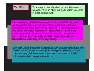 My plan is to attempt to notice if there are changes in the attitudes
This experiment will take place over a 4 day period. On day one I
will be wearing red. Day two blue. Three green and four black.
Throughout the entire day I will be focusing on one thing and only
one thing - the vibes I receive from those around me. Do I feel
those signals are threatening ? Do I feel as if I'm being looked a
pond more so then I normally am. Did I feel as if people were
Standoffish or were they extremely friendly.
With any luck I'll be able to gather a log with enough clues that it will
make it easier for me to attempt to distinguish whether or not a
color has enough influence on those we come in contact with to
actually alter their responce twards us.
My Plan... To attempt to identify whether or not the colors
we wear have an effect on those whom we come
in close contact with.
 