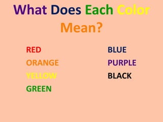 What Does Each Color
      Mean?
 RED         BLUE
 ORANGE      PURPLE
 YELLOW      BLACK
 GREEN
 