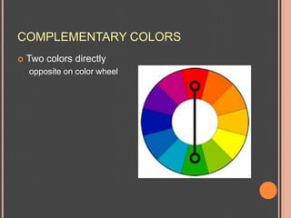 COMPLEMENTARY COLORSTwo colors directlyopposite on color wheel