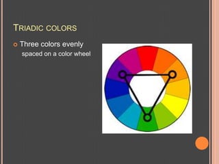 Triadic colorsThree colors evenlyspaced on a color wheel