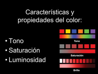 Características y
propiedades del color:
• Tono
• Saturación
• Luminosidad
 