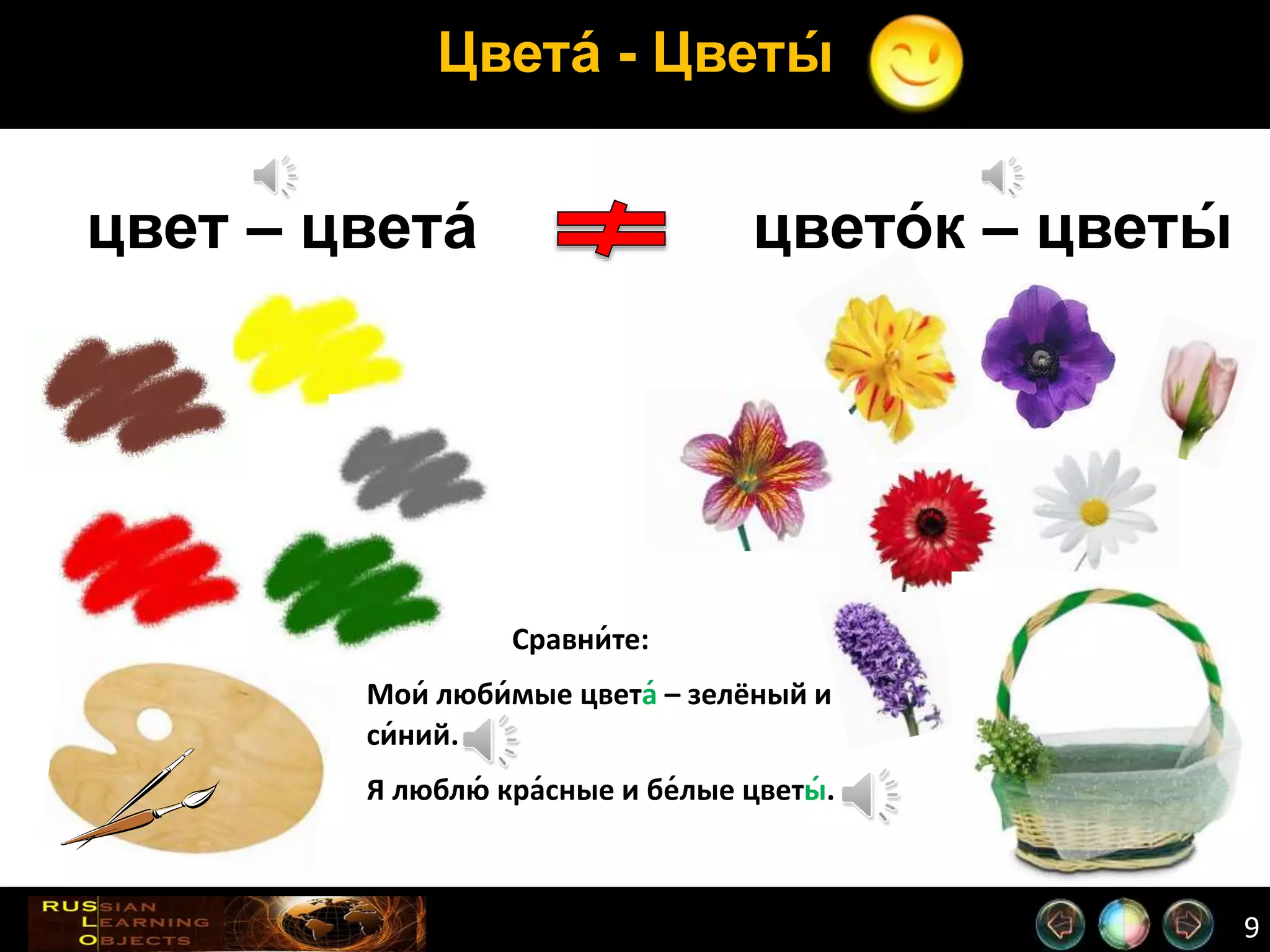 9
Цвета́ - Цветы́
цвет – цвета́ цвето́ к – цветы́
Сравни́те:
Мои́ люби́мые цвета́ – зелёный и
си́ний.
Я люблю́ кра́сные и бе́лые цветы́.
 