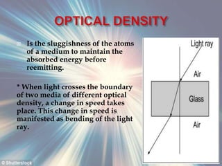  Is the sluggishness of the atoms
of a medium to maintain the
absorbed energy before
reemitting.
* When light crosses the boundary
of two media of different optical
density, a change in speed takes
place. This change in speed is
manifested as bending of the light
ray.
 