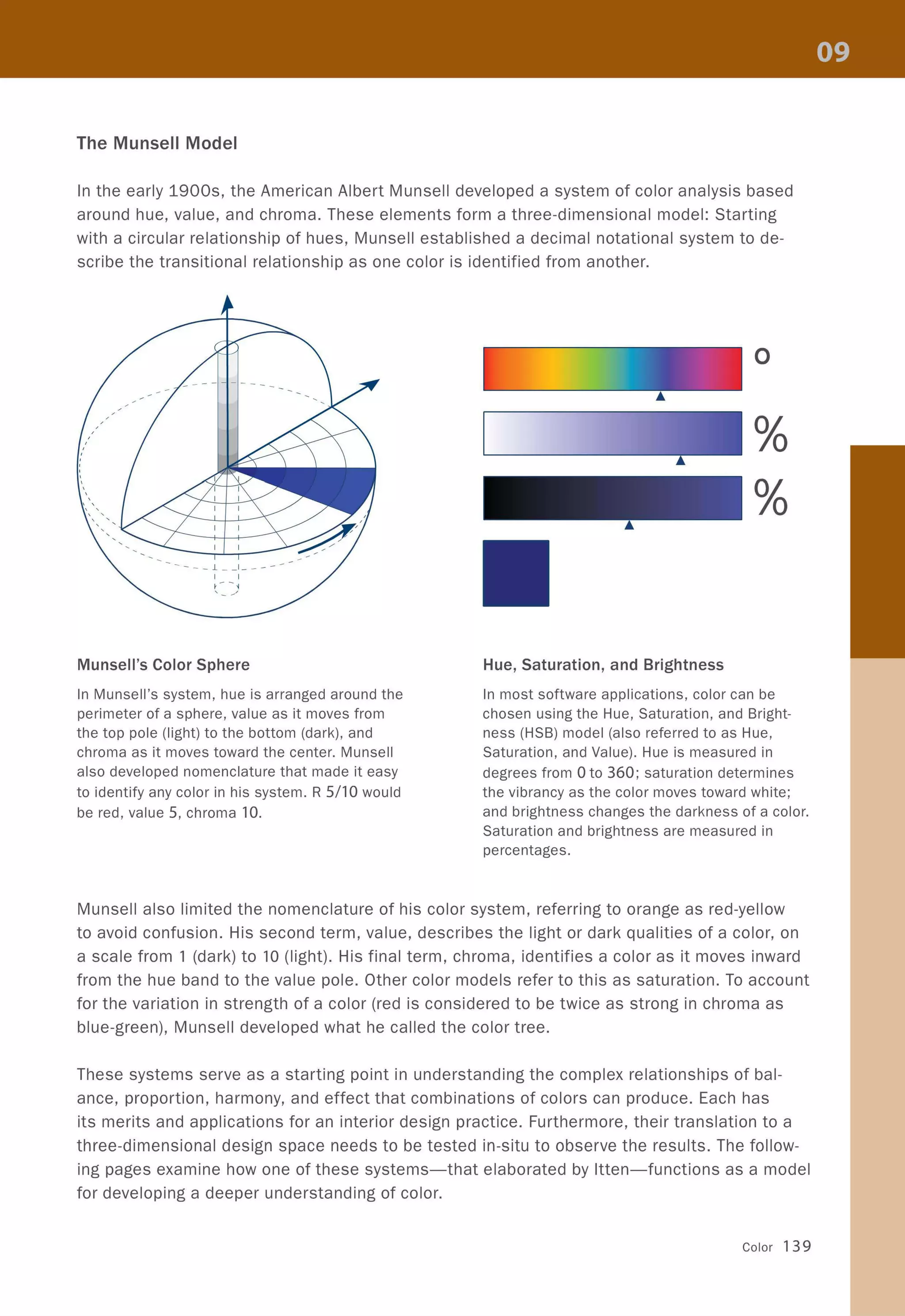 The Munsell Model
In the early 1900s, the American Albert Munsell developed a system of color analysis based
around hue, value, and chroma. These elements form a three-dimensional model: Starting
with a circular relationship of hues, Munsell established a decimal notational system to de-
scribe the transitional relationship as one color is identified from another.
,
,
- - - _ 1 _ _ 1__ - - -
1 1
> <, - _ /
Munsell's Color Sphere
In Munsell's system, hue is arranged around the
perimeter of a sphere, value as it moves from
the top pole (light) to the bottom (dark). and
chroma as it moves toward the center. Munsell
also developed nomenclature that made it easy
to identify any color in his system. R 5/10 would
be red, value 5, chroma 10.
Hue, Saturation, and Brightness
o
%
%
In most software applications, color can be
chosen using the Hue, Saturation, and Bright-
ness (HSB) model (also referred to as Hue,
Saturation, and Value). Hue is measured in
degrees from 0 to 360; saturation determines
the vibrancy as the color moves toward white;
and brightness changes the darkness of a color.
Saturation and brightness are measured in
percentages.
Munsell also limited the nomenclature of his color system, referring to orange as red-yellow
to avoid confusion. His second term, value, describes the light or dark qualities of a color, on
a scale from 1 (dark) to 10 (light). His final term, chroma, identifies a color as it moves inward
from the hue band to the value pole. Other color models refer to this as saturation. To account
for the variation in strength of a color (red is considered to be twice as strong in chroma as
blue-green), Munsell developed what he called the color tree.
These systems serve as a starting point in understanding the complex relationships of bal-
ance, proportion, harmony, and effect that combinations of colors can produce. Each has
its merits and applications for an interior design practice. Furthermore, their translation to a
three-dimensional design space needs to be tested in-situ to observe the results. The follow-
ing pages examine how one of these systems-that elaborated by Itten-functions as a model
for developing a deeper understanding of color.
Color 139
 