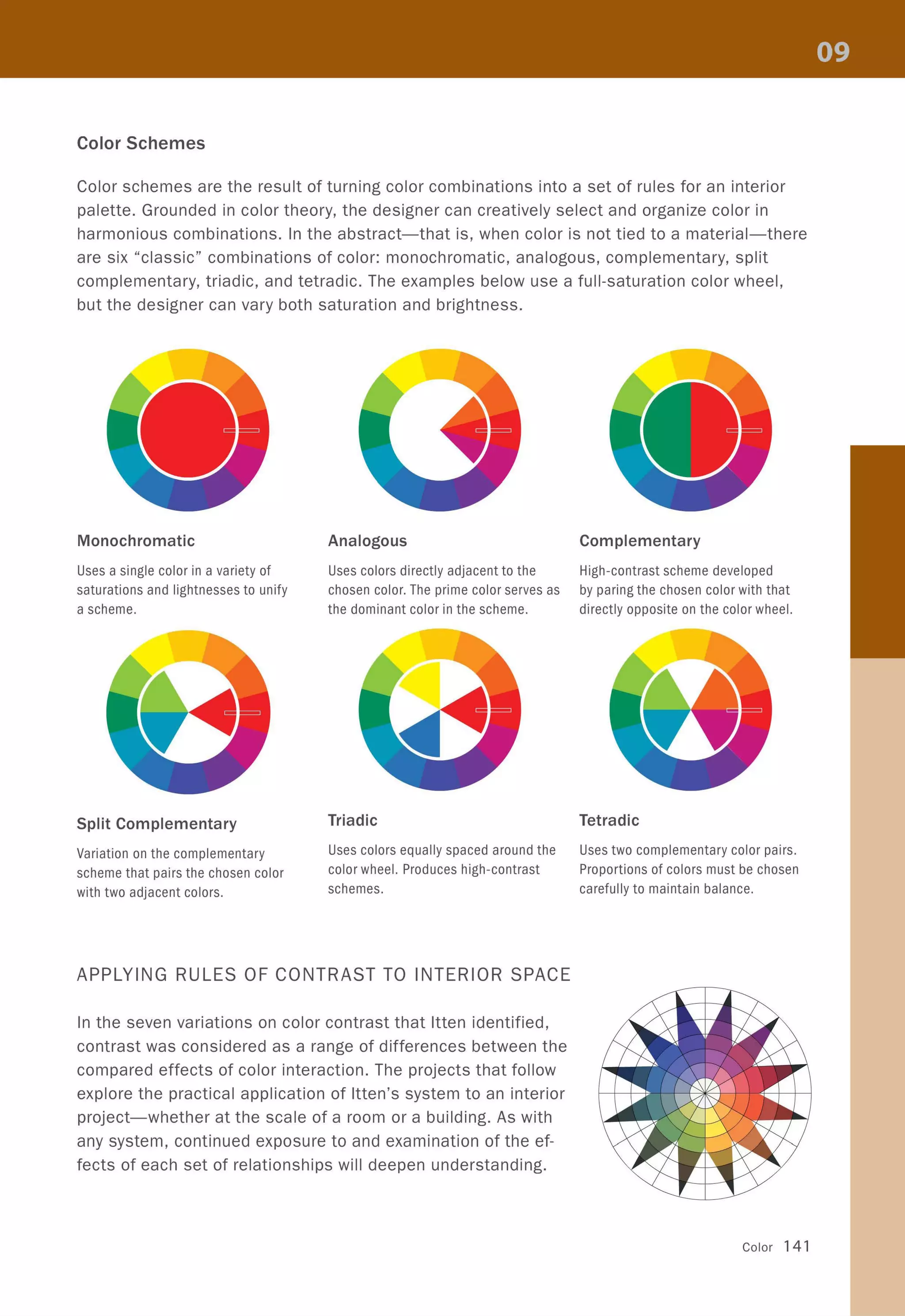 Color Schemes
Color schemes are the result of turning color combinations into a set of rules for an interior
palette. Grounded in color theory, the designer can creatively select and organize color in
harmonious combinations. In the abstract-that is, when color is not tied to a material-there
are six "classic" combinations of color: monochromatic, analogous, complementary, split
complementary, triadic, and tetradic. The examples below use a full-saturation color wheel,
but the designer can vary both saturation and brightness.
Monochromatic Analogous Complementary
Uses a single color in a variety of
saturations and lightnesses to unify
a scheme.
Uses colors directly adjacent to the High-contrast scheme developed
chosen color. The prime color serves as by paring the chosen color with that
the dominant color in the scheme. directly opposite on the color wheel.
Split Complementary Triadic Tetradic
Variation on the complementary
scheme that pairs the chosen color
with two adjacent colors.
Uses colors equally spaced around the Uses two complementary color pairs.
color wheel. Produces high-contrast Proportions of colors must be chosen
schemes. carefully to maintain balance.
APPLYING RULES OF CONTRAST TO INTERIOR SPACE
In the seven variations on color contrast that Itten identified,
contrast was considered as a range of differences between the
compared effects of color interaction. The projects that follow
explore the practical application of Itten's system to an interior
project-whether at the scale of a room or a building. As with
any system, continued exposure to and examination of the ef-
fects of each set of relationships will deepen understanding.
Color 141
 