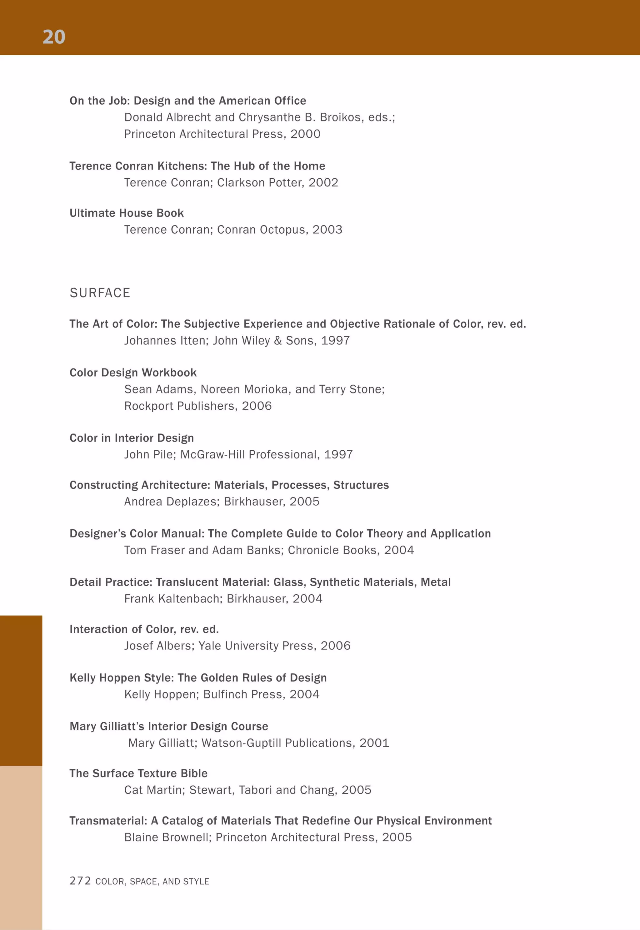 On the Job: Design and the American Office
Donald Albrecht and Chrysanthe B. Broikos, eds.;
Princeton Architectural Press, 2000
Terence Conran Kitchens: The Hub of the Home
Terence Conran; Clarkson Potter, 2002
Ultimate House Book
Terence Conran; Conran Octopus, 2003
SURFACE
The Art of Color: The Subjective Experience and Objective Rationale of Color, rev. ed.
Johannes Itten; John Wiley & Sons, 1997
Color Design Workbook
Sean Adams, Noreen Morioka, and Terry Stone;
Rockport Publishers, 2006
Color in Interior Design
John Pile; McGraw-Hili Professional, 1997
Constructing Architecture: Materials, Processes, Structures
Andrea Deplazes; Birkhauser, 2005
Designer's Color Manual: The Complete Guide to Color Theory and Application
Tom Fraser and Adam Banks; Chronicle Books, 2004
Detail Practice: Translucent Material: Glass, Synthetic Materials, Metal
Frank Kaltenbach; Birkhauser, 2004
Interaction of Color, rev. ed.
Josef Albers; Yale University Press, 2006
Kelly Hoppen Style: The Golden Rules of Design
Kelly Hoppen; Bulfinch Press, 2004
Mary Gilliatt's Interior Design Course
Mary Gilliatt; Watson-Guptill Publications, 2001
The Surface Texture Bible
Cat Martin; Stewart, Tabori and Chang, 2005
Transmaterial: A Catalog of Materials That Redefine Our Physical Environment
Blaine Brownell; Princeton Architectural Press, 2005
272 COLOR, SPACE, AND STYLE
 