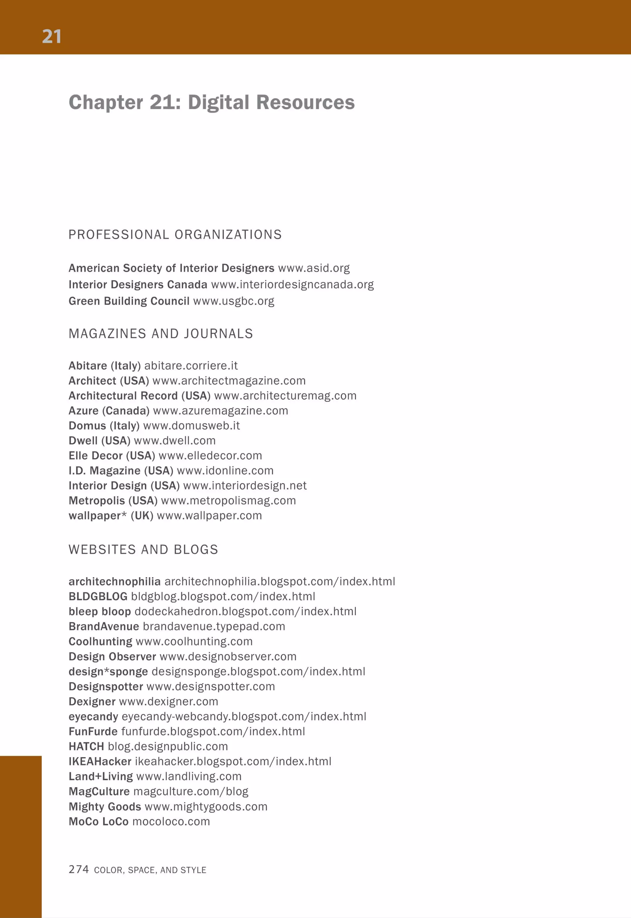 Chapter 21: Digital Resources
PROFESSIONAL ORGANIZATIONS
American Society of Interior Designers www.asid.org
Interior Designers Canada www.interiordesigncanada.org
Green Building Council www.usgbc.org
MAGAZINES AND JOURNALS
Abitare (Italy) abitare.corriere.it
Architect (USA) www.architectmagazine.com
Architectural Record (USA) www.architecturemag.com
Azure (Canada) www.azuremagazine.com
Domus (Italy) www.domusweb.it
Dwell (USA) www.dwell.com
Elle Decor (USA) www.elledecor.com
I.D. Magazine (USA) www.idonline.com
Interior Design (USA) www.interiordesign.net
Metropolis (USA) www.metropolismag.com
wallpaper* (UK) www.wallpaper.com
WEBSITES AND BLOGS
architechnophilia architechnophilia.blogspot.comjindex.html
BLDGBLOG bldgblog.blogspot.comjindex.html
bleep bloop dodeckahedron.blogspot.comjindex.html
BrandAvenue brandavenue.typepad.com
Coolhunting www.coolhunting.com
Design Observer www.designobserver.com
design*sponge designsponge.blogspot.comjindex.html
Designspotter www.designspotter.com
Dexigner www.dexigner.com
eyecandyeyecandy-webcandy.blogspot.comjindex.html
FunFurde funfurde.blogspot.comjindex.html
HATCH blog.designpublic.com
IKEAHacker ikeahacker.blogspot.comjindex.html
Land+Living www.landliving.com
MagCulture magculture.comjblog
Mighty Goods www.mightygoods.com
MoCo LoCo mocoloco.com
274 COLOR, SPACE, AND STYLE
 