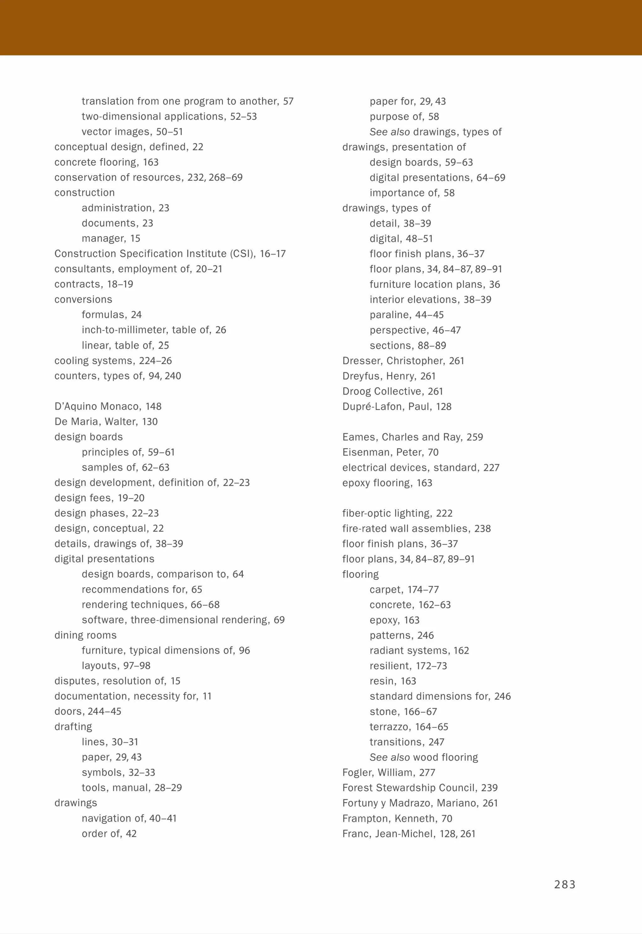 translation from one program to another, 57
two-dimensional applications, 52-53
vector images, 50-51
conceptual design, defined, 22
concrete flooring, 163
conservation of resources, 232,268-69
construction
administration, 23
documents, 23
manager, 15
Construction Specification Institute (CSI), 16-17
consultants, employment of, 20-21
contracts, 18-19
conversions
formulas, 24
inch-to-millimeter, table of, 26
linear, table of, 25
cooling systems, 224-26
counters, types of, 94,240
D'Aquino Monaco, 148
De Maria, Walter, 130
design boards
principles of, 59-61
samples of, 62-63
design development, definition of, 22-23
design fees, 19-20
design phases, 22-23
design, conceptual, 22
details, drawings of, 38-39
digital presentations
design boards, comparison to, 64
recommendations for, 65
rendering techniques, 66-68
software, three-dimensional rendering, 69
dining rooms
furniture, typical dimensions of, 96
layouts, 97-98
disputes, resolution of, 15
documentation, necessity for, 11
doors, 244-45
drafting
lines, 30-31
paper, 29,43
symbols, 32-33
tools, manual, 28-29
drawings
navigation of, 40-41
order of, 42
paper for, 29,43
purpose of, 58
See also drawings, types of
drawings, presentation of
design boards, 59-63
digital presentations, 64-69
importance of, 58
drawings, types of
detail,38-39
digital,48-51
floor finish plans, 36-37
floor plans, 34,84-87,89-91
furniture location plans, 36
interior elevations, 38-39
paraline, 44-45
perspective, 46-47
sections, 88-89
Dresser, Christopher, 261
Dreyfus, Henry, 261
Droog Collective, 261
Dupre-Lafon, Paul, 128
Eames, Charles and Ray, 259
Eisenman, Peter, 70
electrical devices, standard, 227
epoxy flooring, 163
fiber-optic lighting, 222
fire-rated wall assemblies, 238
floor finish plans, 36-37
floor plans, 34,84-87,89-91
flooring
carpet, 174-77
concrete, 162-63
epoxy, 163
patterns, 246
radiant systems, 162
resilient, 172-73
resin, 163
standard dimensions for, 246
stone, 166-67
terrazzo, 164-65
transitions, 247
See also wood flooring
Fogler, William, 277
Forest Stewardship Council, 239
Fortuny y Madrazo, Mariano, 261
Frampton, Kenneth, 70
Franc, Jean-Michel, 128,261
283
 