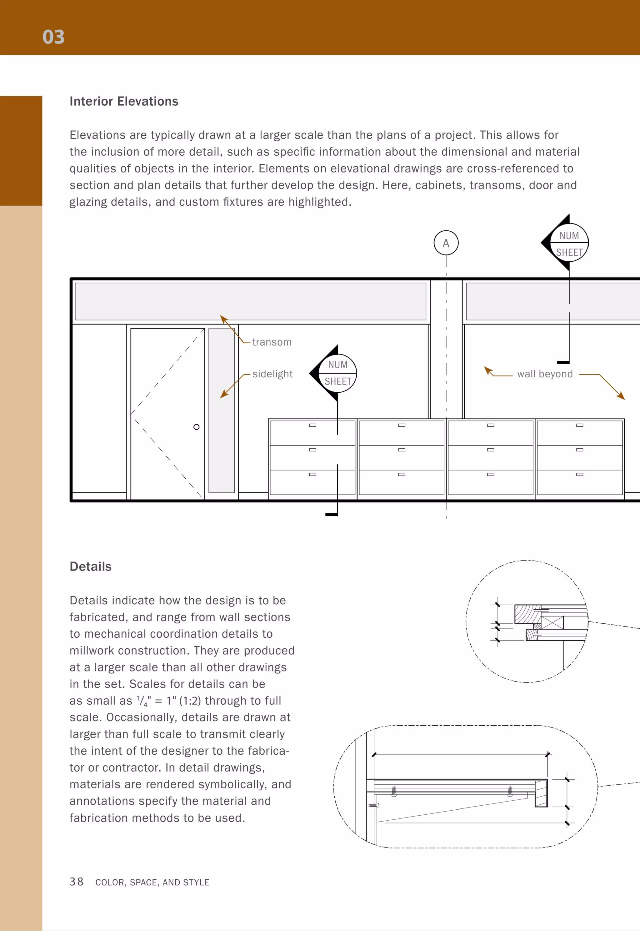 Interior Elevations
Elevations are typically drawn at a larger scale than the plans of a project. This allows for
the inclusion of more detail, such as specific information about the dimensional and material
qualities of objects in the interior. Elements on elevational drawings are cross-referenced to
section and plan details that further develop the design. Here, cabinets, transoms, door and
glazing details, and custom fixtures are highlighted.
A-
~
~ NUM
~HEgJ
"II1II
I
I
I
... I
/
I
/
'-transom I/
~/
/ NUM
I
/ -I
~~HEET )
"---- wall beyond/ ~ sidelight
~/
I
JI/
"II1II I/
v
, 0,,,,
,,,,
Details
Details indicate how the design is to be
fabricated, and range from wall sections
to mechanical coordination details to
millwork construction. They are produced
at a larger scale than all other drawings
in the set. Scales for details can be
as small as 1/4" = 1" (1 :2) through to full
scale. Occasionally, details are drawn at
larger than full scale to transmit clearly
the intent of the designer to the fabrica-
tor or contractor. In detail drawings,
materials are rendered symbolically, and
annotations specify the material and
fabrication methods to be used.
38 COLOR, SPACE, AND STYLE
=
=
=
-
,
/,
I
I,
I,
,
,
 ,
,,
I
= =
= =
= =
/',
/,
I
/,
I,
I,
,
,
 ,
,,
"-
----
<S
'-
=
=
=
---
-------- "-
"-,
,

/,
/,
/
/'
--- ------- ---
------
~
---'
---..::::
----
,
"-
/'
-
"
,
----------------- -------------
r---
1-----___

,
I __ - -
t----
,
I,
/
 