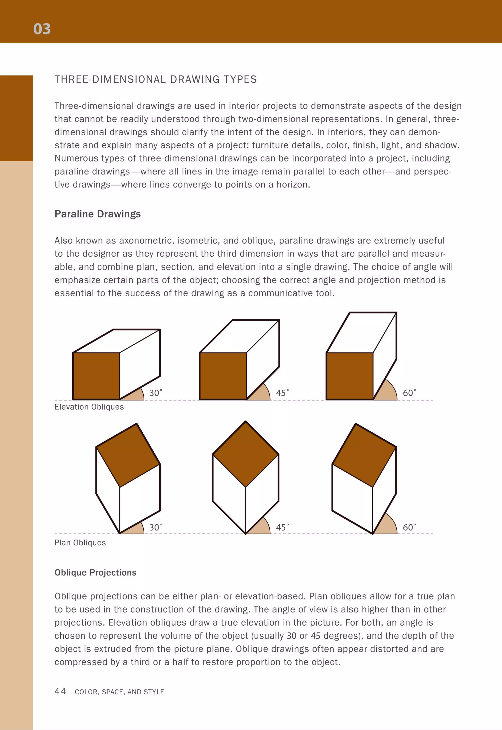 THREE-DIMENSIONAL DRAWING TYPES
Three-dimensional drawings are used in interior projects to demonstrate aspects of the design
that cannot be readily understood through two-dimensional representations. In general, three-
dimensional drawings should clarify the intent of the design. In interiors, they can demon-
strate and explain many aspects of a project: furniture details, color, finish, light, and shadow.
Numerous types of three-dimensional drawings can be incorporated into a project, including
paraline drawings-where all lines in the image remain parallel to each other-and perspec-
tive drawings-where lines converge to points on a horizon.
Paraline Drawings
Also known as axonometric, isometric, and oblique, paraline drawings are extremely useful
to the designer as they represent the third dimension in ways that are parallel and measur-
able, and combine plan, section, and elevation into a single drawing. The choice of angle will
emphasize certain parts of the object; choosing the correct angle and projection method is
essential to the success of the drawing as a communicative tool.
'-----'-- - - - - - - - - -- '----'--------
Elevation Obliques
.,....----'- - - - - - --
Plan Obliques
Oblique Projections
Oblique projections can be either plan- or elevation-based. Plan obliques allow for a true plan
to be used in the construction of the drawing. The angle of view is also higher than in other
projections. Elevation obliques draw a true elevation in the picture. For both, an angle is
chosen to represent the volume of the object (usually 30 or 45 degrees), and the depth of the
object is extruded from the picture plane. Oblique drawings often appear distorted and are
compressed by a third or a half to restore proportion to the object.
44 COLOR, SPACE, AND STYLE
 