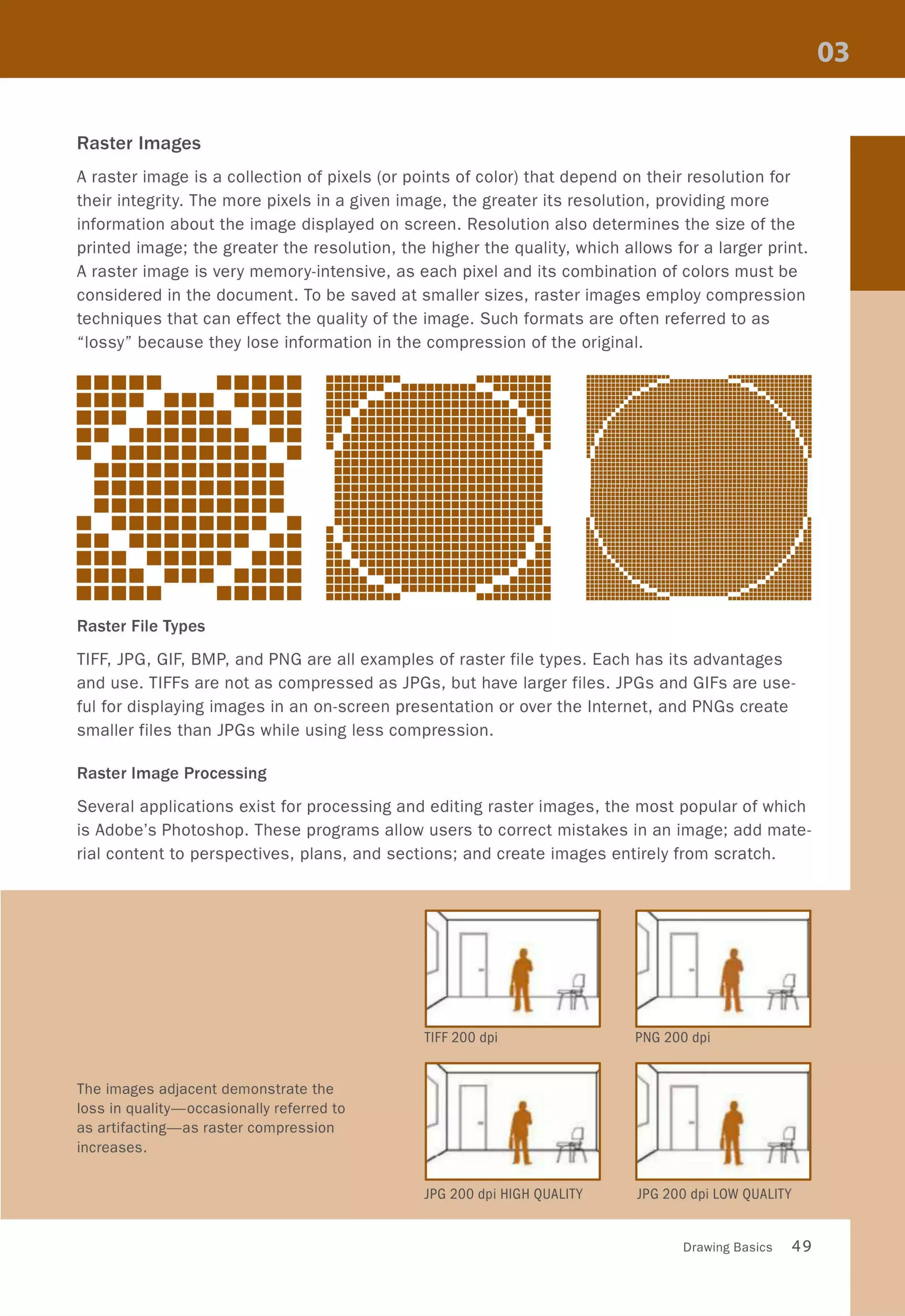 Raster Images
A raster image is a collection of pixels (or points of color) that depend on their resolution for
their integrity. The more pixels in a given image, the greater its resolution, providing more
information about the image displayed on screen. Resolution also determines the size of the
printed image; the greater the resolution, the higher the quality, which allows for a larger print.
A raster image is very memory-intensive, as each pixel and its combination of colors must be
considered in the document. To be saved at smaller sizes, raster images employ compression
techniques that can effect the quality of the image. Such formats are often referred to as
"lossy" because they lose information in the compression of the original.
••••• ••••••••• ••• ••••••• ••••• ••••• ••••••• ••• ••••••••• ••••••••••••••••••••••••••••••••••• ••••••••• ••• ••••••• ••••• ••••• ••••••• ••• ••••••••• •••••Raster File Types
TIFF, JPG, GIF, BMP, and PNG are all examples of raster file types. Each has its advantages
and use. TIFFs are not as compressed as JPGs, but have larger files. JPGs and GIFs are use-
ful for displaying images in an on-screen presentation or over the Internet, and PNGs create
smaller files than JPGs while using less compression.
Raster Image Processing
Several applications exist for processing and editing raster images, the most popular of which
is Adobe's Photoshop. These programs allow users to correct mistakes in an image; add mate-
rial content to perspectives, plans, and sections; and create images entirely from scratch.
The images adjacent demonstrate the
loss in quality-occasionally referred to
as artifacting-as raster compression
increases.
J I
TIFF 200 dpi
JPG 200 dpi HIGH QUALITY
PNG 200 dpi
JPG 200 dpi LOW QUALITY
Drawing Basics 49
 
