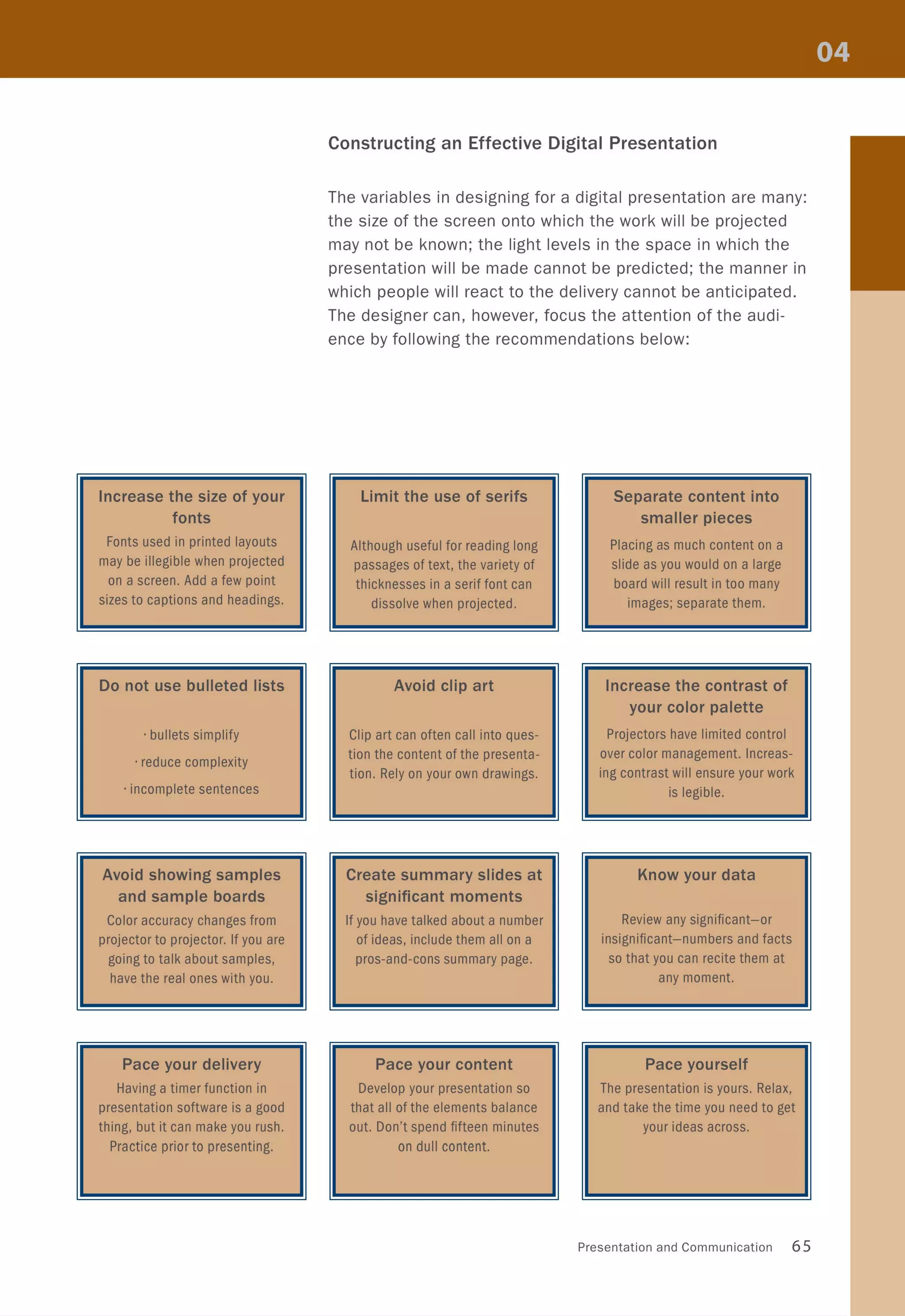 Increase the size of your
fonts
Fonts used in printed layouts
may be illegible when projected
on a screen. Add a few point
sizes to captions and headings.
Do not use bulleted lists
. bullets simplify
. reduce complexity
. incomplete sentences
Avoid showing samples
and sample boards
Color accuracy changes from
projector to projector. If you are
going to talk about samples,
have the real ones with you.
Pace your delivery
Having a timer function in
presentation software is a good
thing, but it can make you rush.
Practice prior to presenting.
Constructing an Effective Digital Presentation
The variables in designing for a digital presentation are many:
the size of the screen onto which the work will be projected
may not be known; the light levels in the space in which the
presentation will be made cannot be predicted; the manner in
which people will react to the delivery cannot be anticipated.
The designer can, however, focus the attention of the audi-
ence by following the recommendations below:
Limit the use of serifs
Although useful for reading long
passages of text, the variety of
thicknesses in a serif font can
dissolve when projected.
Avoid clip art
Clip art can often call into ques-
tion the content of the presenta-
tion. Rely on your own drawings.
Create summary slides at
significant moments
If you have talked about a number
of ideas, include them all on a
pros-and-cons summary page.
Pace your content
Develop your presentation so
that all of the elements balance
out. Don't spend fifteen minutes
on dull content.
Separate content into
smaller pieces
Placing as much content on a
slide as you would on a large
board will result in too many
images; separate them.
Increase the contrast of
your color palette
Projectors have limited control
over color management. Increas-
ing contrast will ensure your work
is legible.
Know your data
Review any significant-or
insignificant-numbers and facts
so that you can recite them at
any moment.
Pace yourself
The presentation is yours. Relax,
and take the time you need to get
your ideas across.
Presentation and Communication 65
 