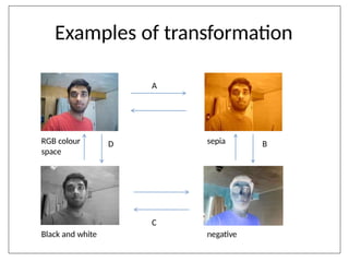 Examples of transformation
RGB colour
space
sepia
Black and white negative
A
B
D
C
 