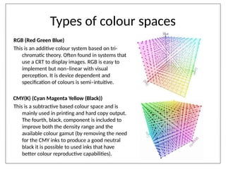 Types of colour spaces
RGB (Red Green Blue)
This is an additive colour system based on tri-
chromatic theory. Often found in systems that
use a CRT to display images. RGB is easy to
implement but non–linear with visual
perception. It is device dependent and
specification of colours is semi–intuitive.
CMY(K) (Cyan Magenta Yellow (Black))
This is a subtractive based colour space and is
mainly used in printing and hard copy output.
The fourth, black, component is included to
improve both the density range and the
available colour gamut (by removing the need
for the CMY inks to produce a good neutral
black it is possible to used inks that have
better colour reproductive capabilities).
 